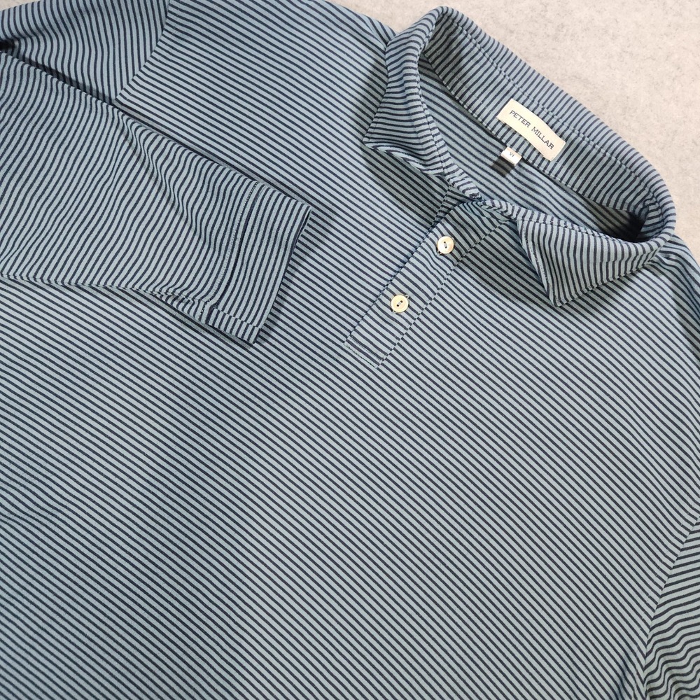 Peter Millar Mens XL Blue Navy Striped Long Sleeve Polo Shirt Performance Golf